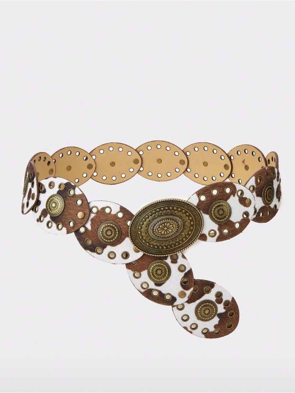 Boho Leather Cutout Waist Belt with Brass Medallion - Brown & White